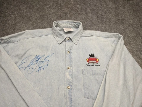 NASCAR Elliott Sadler #21 Autographed Denim Shirt Mens Medium MDA Car Show Cover
