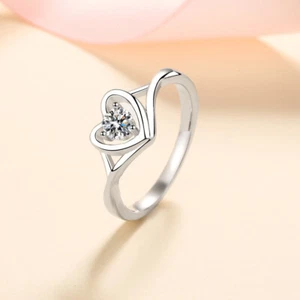 Women's GRA Moissanite Heart Shape Engagement Wedding Ring 14K White Gold Plated - Picture 1 of 10