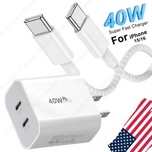 For iPhone 15 16 Pro Max Samsung 40W Dual USB-C Fast Charger Block Type-C Cable - Picture 1 of 15