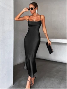Black Satin Tie Backless Cami Dress Sz XS S M L - Picture 1 of 6
