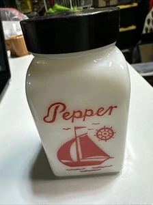 Vintage McKee Milk Glass Red Sailboat Pepper Shaker w/Lid Roman Arch Art Deco - Picture 1 of 6