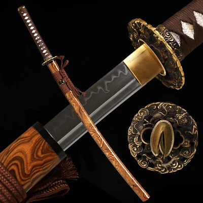 Katana Japanese Samurai Sword T10 Steel Clay Tempered Full Tang Sharp Brown Saya - Image 1 of 4