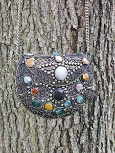 Bolso bandolera vintage Sajai artesanal metal jaspe y piedras de ágata - Imagen 1 de 12