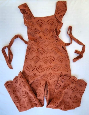 Topshop Jumpsuit Boho Eyelet Cotton Wide Leg Open Back Apron Front New Sz 6 - Image 1 of 4