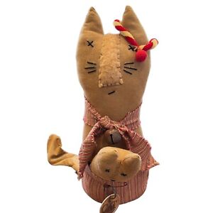 Primitive Folk-Art tan Cat and kitten embroidered face door stopper doll OOAK