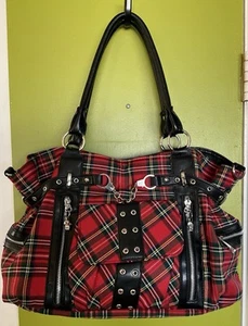 BANNED Rise Up Red Tartan Plaid Handbag Skulls Handcuffs Gothic Punk Emo Vegan - Picture 1 of 24