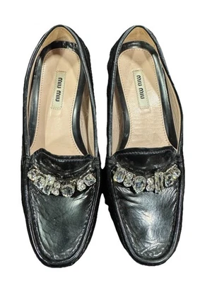 Miu Miu Embellished Crystal Black Patent Leather Loafers 5DD 36 1/2 VG Shape! - Image 1 of 4