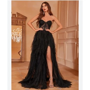 Feeniesty schwarz transparent Herzausschnitt Korsett Stufen Rüschen Schlitz Kleid - Bild 1 von 10