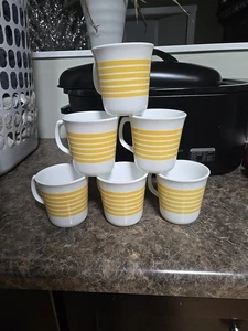 Set 6 tazze da caffè vintage Corning strisce gialle sole 6 tazze microonde sicure USA - Foto 1 di 4