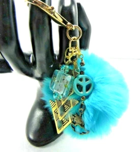 Aqua POM POM BALL SUN CLOUD PEACE SIGN CHARMS Handbag Accessories HOOK KEY CHAIN - Picture 1 of 5