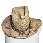 Ale by Alessandra Arabella Raffia Feather Beaded Cowboy Hat UPF 40 Tan One Size