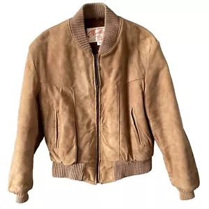 Excelled Vintage Suede Leather Bomber Jacket 40 Brown Shearling Lined 70s Coat - Picture 1 of 16