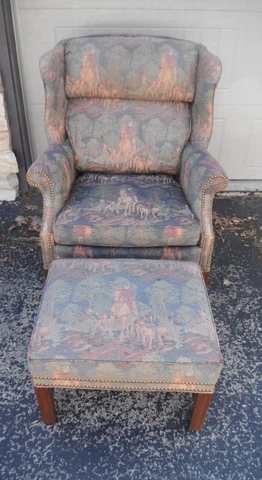 SHERRILL FURNITURE Wing Back Armchair Chair w/ ottoman Fox Hunting Pattern used Cover