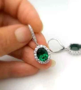 3 Ct Oval Lab Created Green Emerald Dangle-Drop Earrings 14K White Gold Plated - Picture 1 of 7