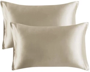 Khaki Satin Pillowcase (2 Pack) Silk Pillow Case, Queen Size(20x30 inch) - Picture 1 of 12