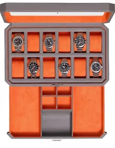 12 Slot Leather Watch Box with Valet Drawer - 12 Slot Luxury Watch Case Displ... - Picture 1 of 14