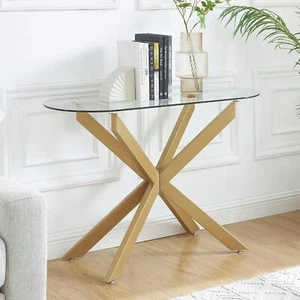 Gold Glass Oval Console Table, Modern Style Entryway Hallway Narrow Sofa Table - Picture 1 of 7