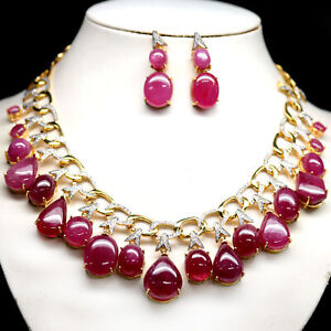 NATURAL PINK WITH RED RUBY & WHITE ZIRCON NECKLACE WITH EARRINGS 925 SILVER