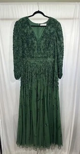 Nuevo con etiquetas Vestido Mac Duggal [16] 5497 Adornado Cuello en V Manga 3/4 Línea A Verde S1204 - Imagen 1 de 14