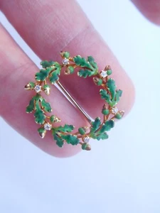 Art Nouveau 14K Gold Enamel Diamonds Oak Laurel Wreath Krementz Pin Brooch 🌳✨ - Picture 1 of 8