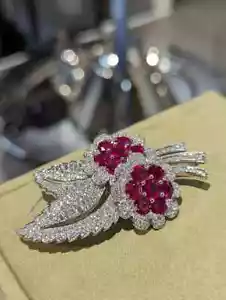 2.20Ct Round Cut Lab-Created Red Ruby Flower Brooch Pin 14K White Gold Plated - Picture 1 of 6