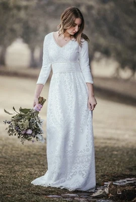 Saldana Vintage Indie Lace cotton Wedding Dress crochet lined soft Bohemian Sz S - Image 1 of 4