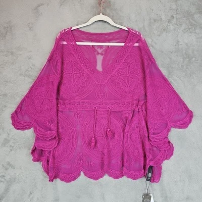Poncho de renda Vince Camuto feminino OS rosa bordado boho festival recortado - Imagem 1 de 4
