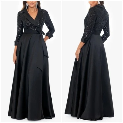 NWT Xscape Jonna Sequin Tuxedo Bodice and Satin Skirt Floor Length Dress Sz 8 - Image 1 of 4