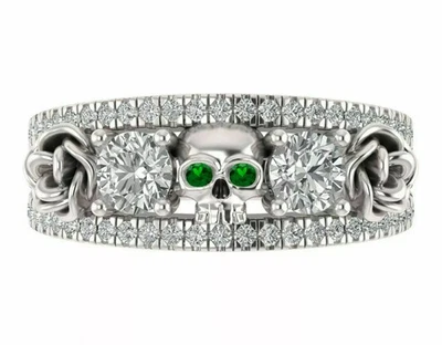 3CT Round Simulated Diamond Wedding Halloween Skull Ring 14K White Gold Plated - Image 1 of 4