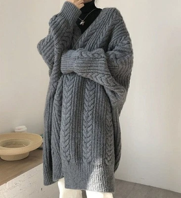 Damen Lange Strickjacke Mantel Strickpullover Grobstrick Langarm Cardigan Grau - Bild 1 von 4