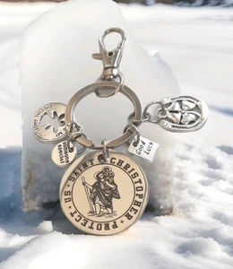 New Saint Christopher Drivers stainless steel keyring patron of travel 4 charms - Picture 1 of 9