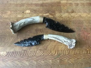Obsidian Knife Pair Mayan Warriors by Craig Ratzat Dear Antler Handles Rare 1990 - Picture 1 of 22
