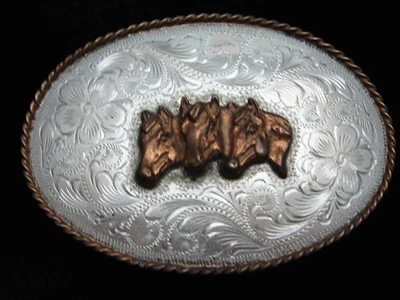QC11164 HEBILLA DE CINTURÓN VAQUERO Y WESTERN GRABADA VINTAGE AÑOS 70 **TRES CABALLOS** Foto 1 de 2