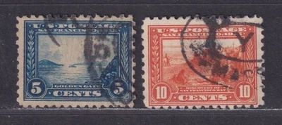 United States Scott 403-404 Used 1915 5¢ & 10¢ Panama-Pacific Perf 10 SCV $87.50 - Image 1 of 2