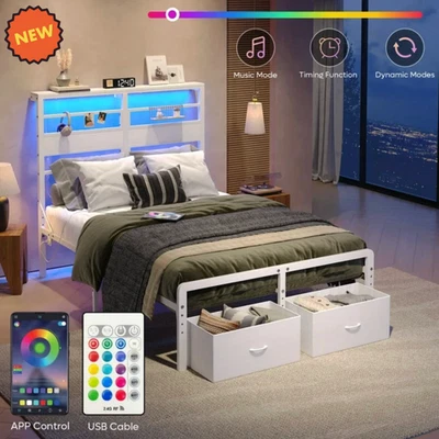 Marco De Cama Full Plataforma Cabecera LED Full Size Base Con 2 Cajones NEW - Image 1 of 4
