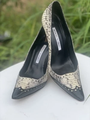 Manolo Blahnik женщин каблук размер 37/США 6,5 реальный змея кожи черный/белый Exc.! - Изображение 1 из 4