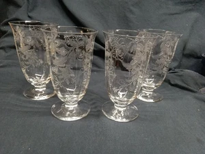 Set Of 4 Glastonbury Lotus Vesta Clear Floral Etched Ice Tea Glasses Stem 75 - Picture 1 of 13