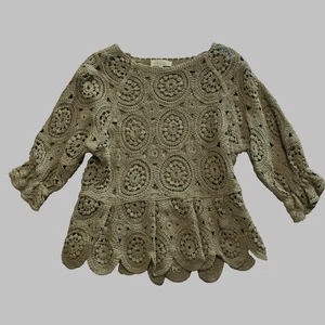 Y2K Crochet Open Knit Sweater Women's S Boho Festival Medallion Lace Peplum Hem - Picture 1 of 7