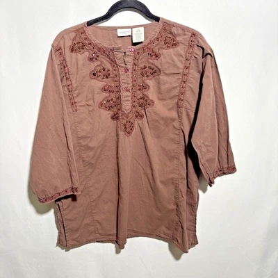 Blusa túnica de algodón marrón con cuentas manga larga 3/4 para mujer L bosque hada boho Foto 1 de 4