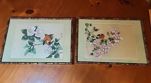 2 pinturas chinas vintage sobre flores de seda y pájaro firmadas mismo artista - Imagen 1 de 16