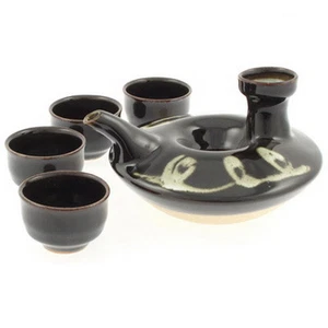 5 Pieces Sake Set Ceramic Mashiko Kuronuka Design /Made in Japan - Picture 1 of 5