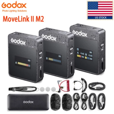 US Godox MoveLink II M2 2*Transmitter+Receiver 2.4G Wireless Lavalier Microphone - Image 1 of 4