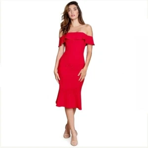 Dress the Population NWT FAYE Off Shoulder Ruffle Midi Dress Strapless Rouge Red - Picture 1 of 10