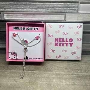New Pink Bow Hello Kitty Jewelry Cubic Zirconia Silver Plated Lariat Bracelet - Picture 1 of 17