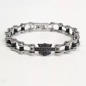 Harley-Davidson Men's Bike Chain Bracelet Stainless Steel 7.5" Silver And Black - Picture 1 of 12