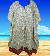 Womens Caftan, Handmade Vintage Sari Kaftan, Beige Midi Loungewear Caftan L-4XL