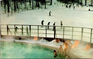 Boyne Mountain Lodge Swimming Pool Winter Wonderland Skiing MI Postcard 1950's - Picture 1 of 2