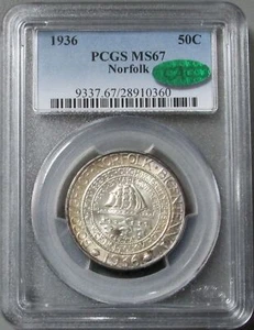 1936 SILVER NORFOLK COMMEMORATIVE HALF DOLLAR 50c PCGS MINT STATE 67 CAC - Picture 1 of 2