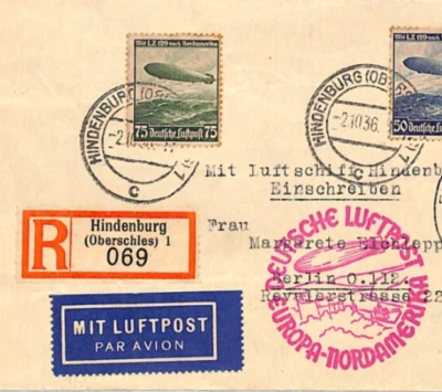 GERMANY/POLAND Cover ZEPPELIN HINDENBURG Reg Hindenburg! (Zabrze) 1936 USA LZ308 - Image 1 of 4