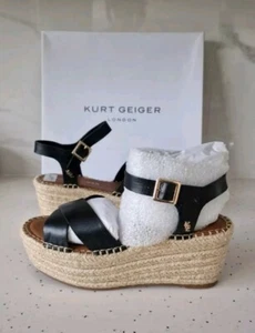 Kurt Geiger Size 8 black leather flatform sandal Espadrilles New Boxed - Picture 1 of 11